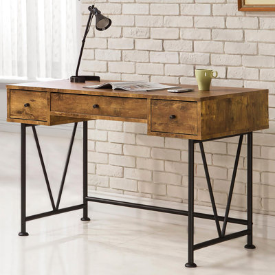 Antique Nutmeg And Black Office Writing Desk, 3 Drawers For Efficient Working Rustic Table Home Use