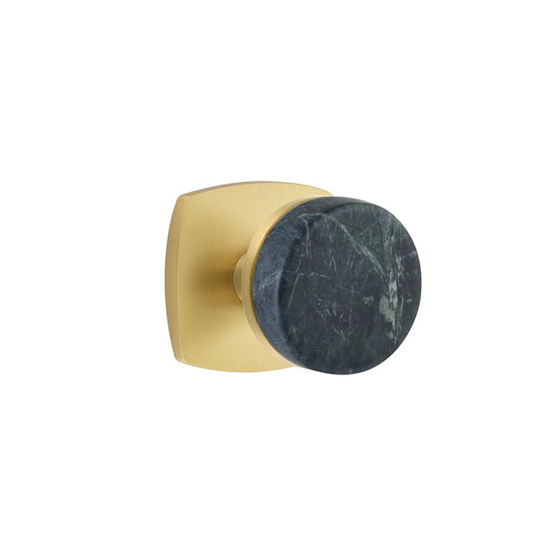 Mortaise intérieure Emtek Select avec rosette urbaine moderne et tige conique, bouton en marbre vert (LH), Laiton satiné