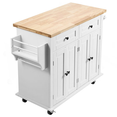 Chariot pour îlot de cuisine avec plateau en bois massif, chariots mobiles d'une largeur de 35,4 po avec armoire de rangement, table de cuisine roulante avec support à épices, porte-serviettes et tiroir, îlots sur roulettes portables, blanc