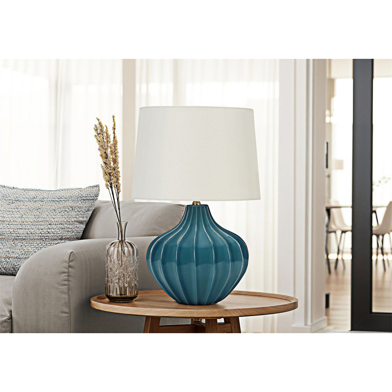 Lampe de table en céramique avec interrupteur rotatif à 3 voies, base compacte et corps en céramique bleue élégante