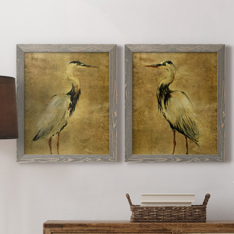 «Gold Crane at Dusk I», ensemble de reproductions d'art sur toile encadrées, H 31,5 po x l 47 po x P 1,5 po, Cadre gris