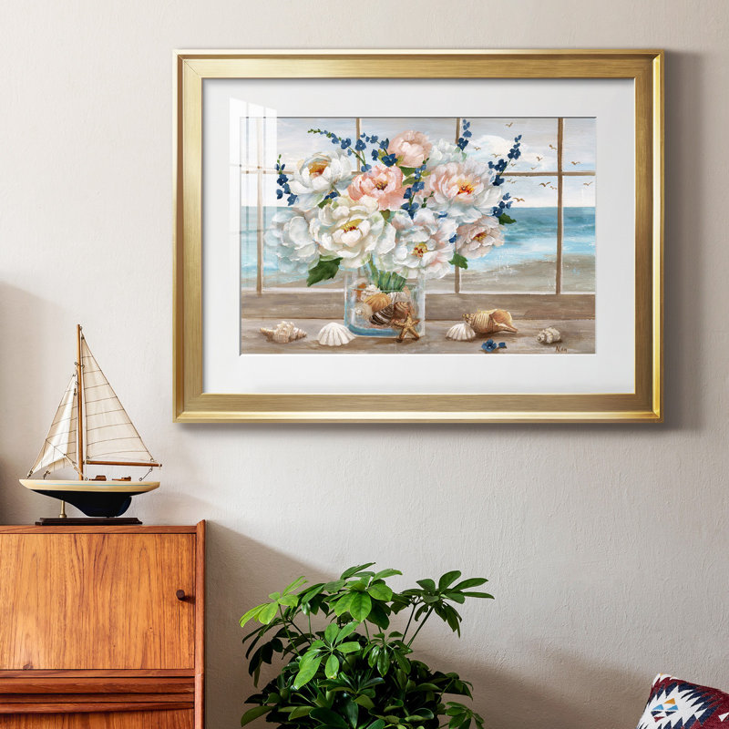 Fenêtre côtière - peinture encadrée, H 22,5 po x l 30,5 po x P 1,5 po, Papier avec cadre doré