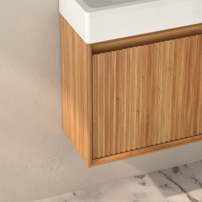 Meuble-lavabo mural de 16 po, bois massif, lavabo en résine blanche, structure, petite surface de conception réversible, installation rapide