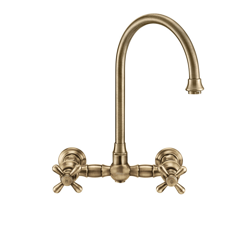 Whitehaus Collection Wall Mount Faucet with Gooseneck Swivel Spout and Solid Brass Side Spray, Antique Brass, Cross Handles