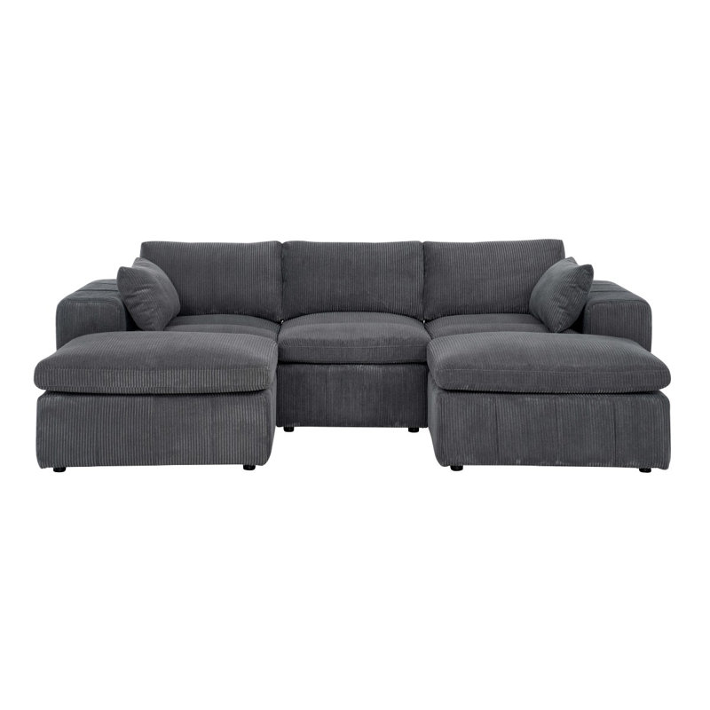 Large Arms Cordory Upholstered Modular Sectional With 2 Ottomans, Dark Gray