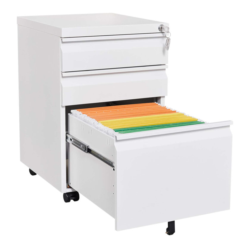 Installation Required 3-Drawer Mobile Filing Cabinet With Lock, Metal Office Storage For Legal/Letter Size Documents, White