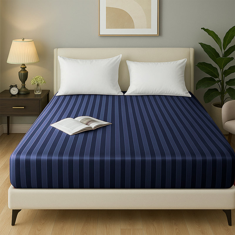Tabbitha Striped Microfiber Standard Fitted Sheet, Double (4'6), Navy