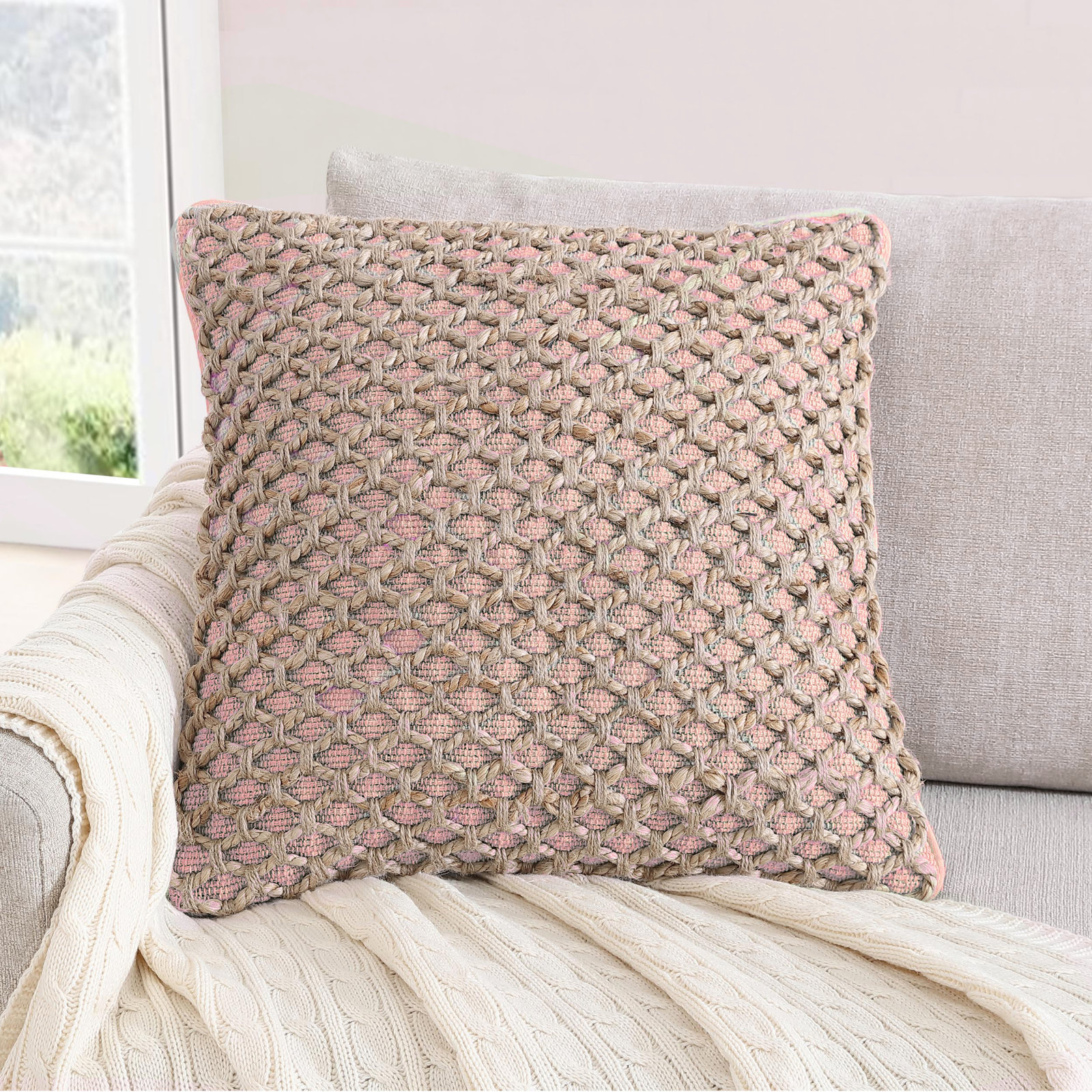 Ablo Textured Cotton Throw Pillow, Square 20", Beige/Natural