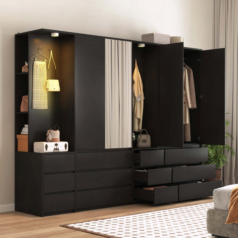 Armoire garde-robe avec portes et tiroirs, Noir