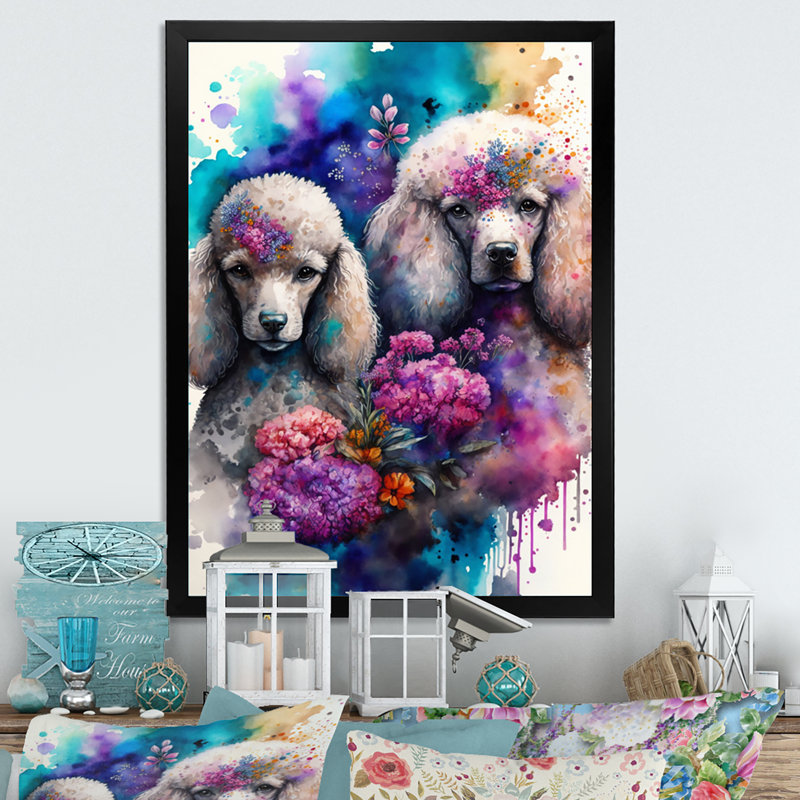«Cute Poodles Dog», art floral - peinture sur toile, H 20 po x l 12 po x P 1 po, Impression noire sur toile encadrée