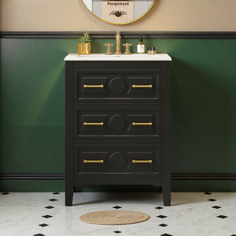 Ensemble de meuble-lavabo simple 24 po avec lavabo en céramique 24 po et 3 tiroirs, Noir