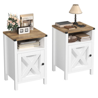 Farmhouse Nightstands Set of 2, Rustic Vintage Side End Table with Storage, Wood Side Table with Barn Door for Bedroom Living Room, Beige by Ophelia & Co.