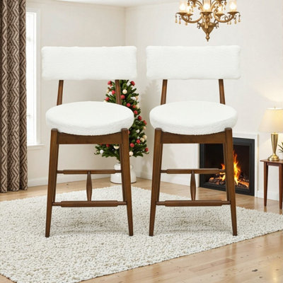 Mid Century Modern Counter Stool Set Of 2 Rubber Wood Frame Fabric Upholstery 38.25 Height Counter Height Stools