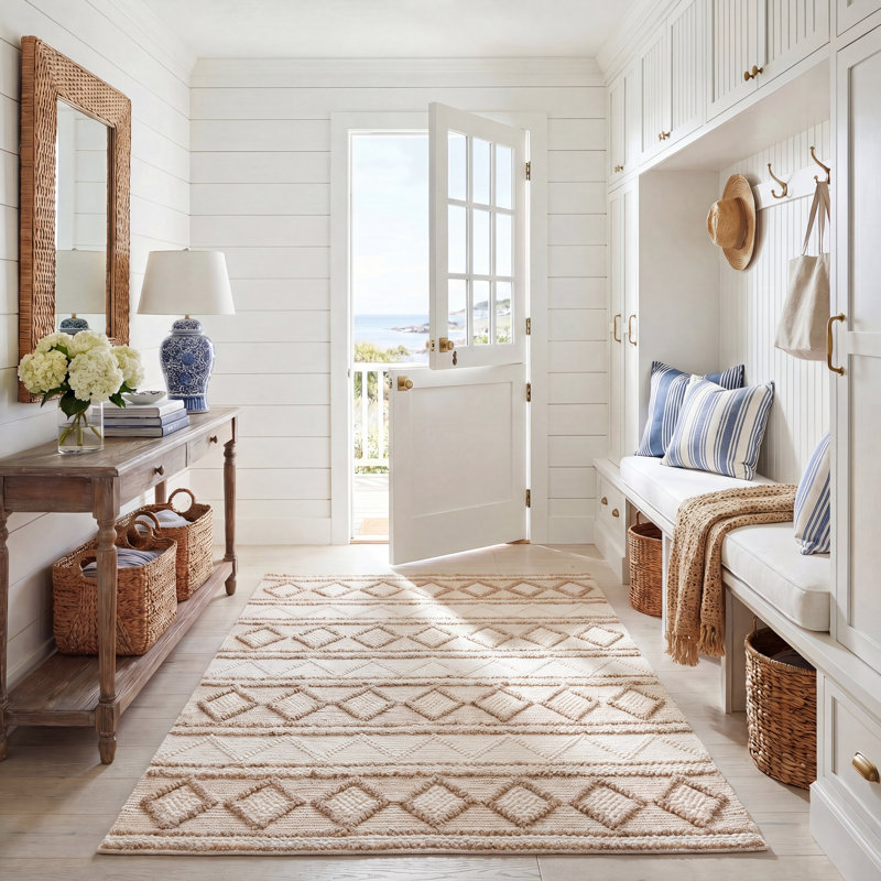 Felipe Natural Fiber Flat Weave Jute/Wool/Cotton Geometric Rug in Beige/Ivory, Rectangle 5' x 8'