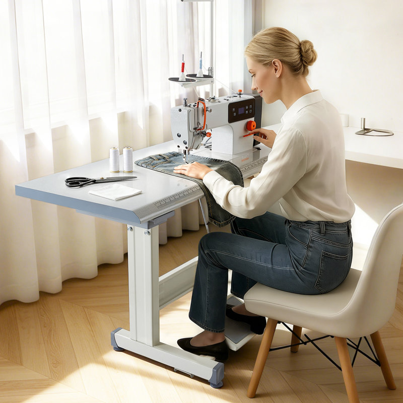 Machine à coudre industrielle, ensemble de machine à coudre à point noué 550W avec moteur servo et support de table, 5000 SPM haute vitesse, cadre en métal, panneau LCD, lumière DEL, pour coton, laine, denim, cuir, toile