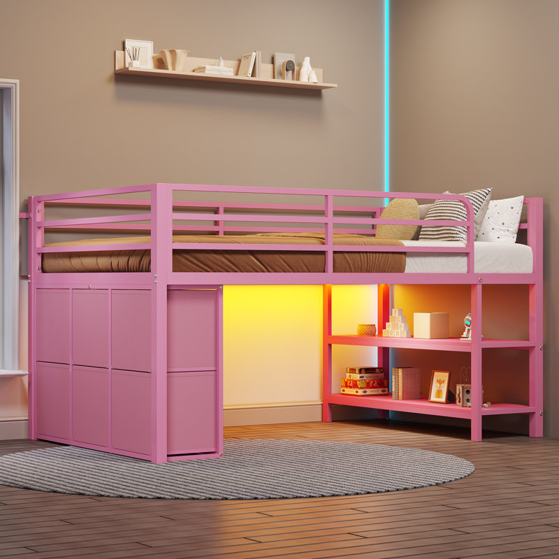 Twin Size Loft Bed With Led Lights &6 Fabric Storage Drawers, Metal Low Loft Bed With Open Storage Shelves, 15" H Guardrail Stairs