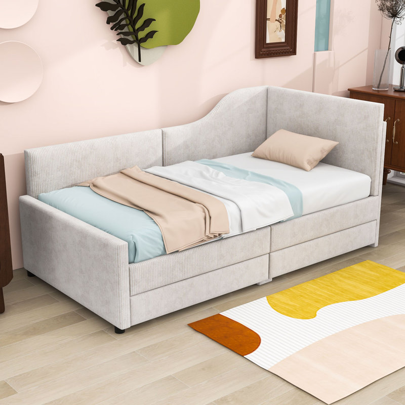 Wooten Twin Size L-Shaped Corduroy Daybed with Storage Drawers, Beige