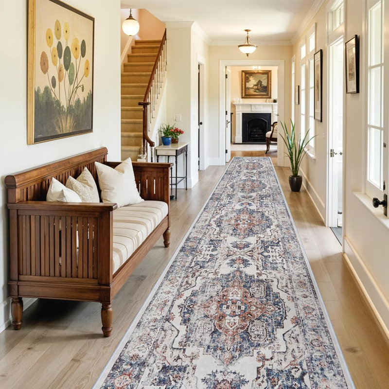Wide Hallway Rug: Vintage Washable Soft for Living Room Bedroom Water Resistant Carpet with Non-Slip Backing for Entry Kitchen Dining Room Thin Bathroom Floor Mat(Brick)