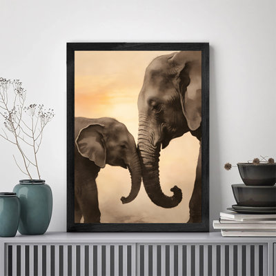 Art encadré noir «A Mother's Love: Mother and Baby Elephant Wall Art Realism», impressions encadrées