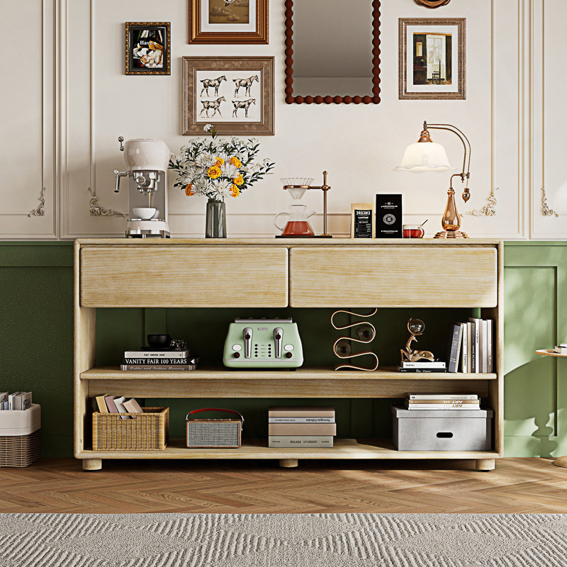 Console moderne, table d'entrée vintage avec tiroirs et tablettes, Bois naturel délavé