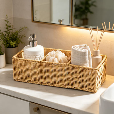 Wicker Bathroom Basket with 3 Compartments, Hand Woven Toilet Paper Roll Organizer for Countertop, Rustic Farmhouse Storage for Bathroom and Bedroom, Tan