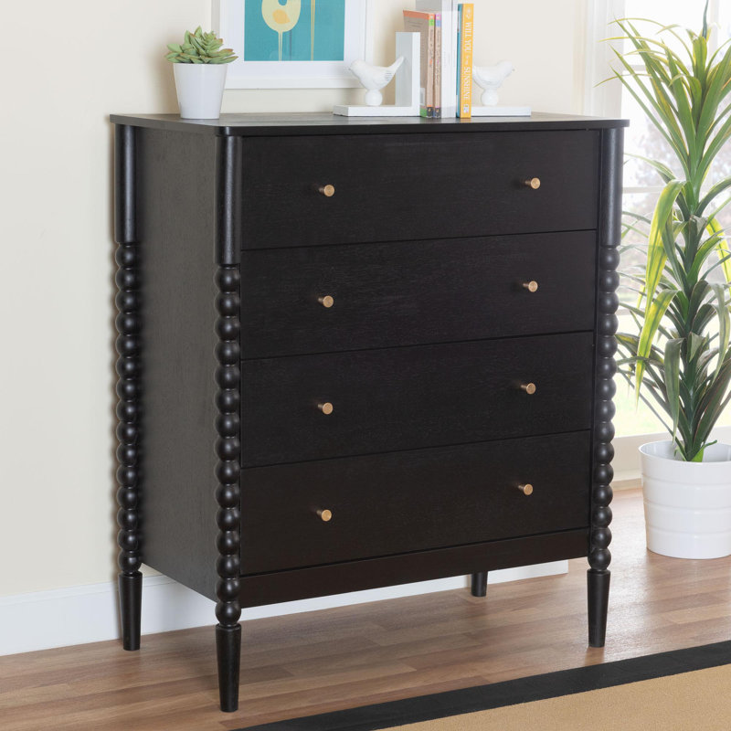 Lucera Mid-Century Bobbin Wood 4-Drawer Chest, Black