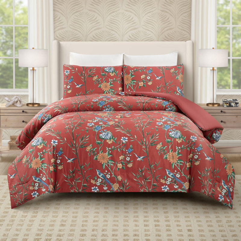 Literie 3 pièces Aviary Paradise en satin de coton, Édredon pour très grand lit + 2 taies décorativ