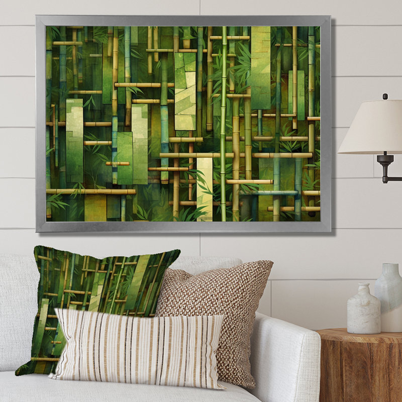 «Whispering Bamboo», motifs géométriques sur toile, H 16 po x l 32 po x P 1 po, Cadre photo argenté