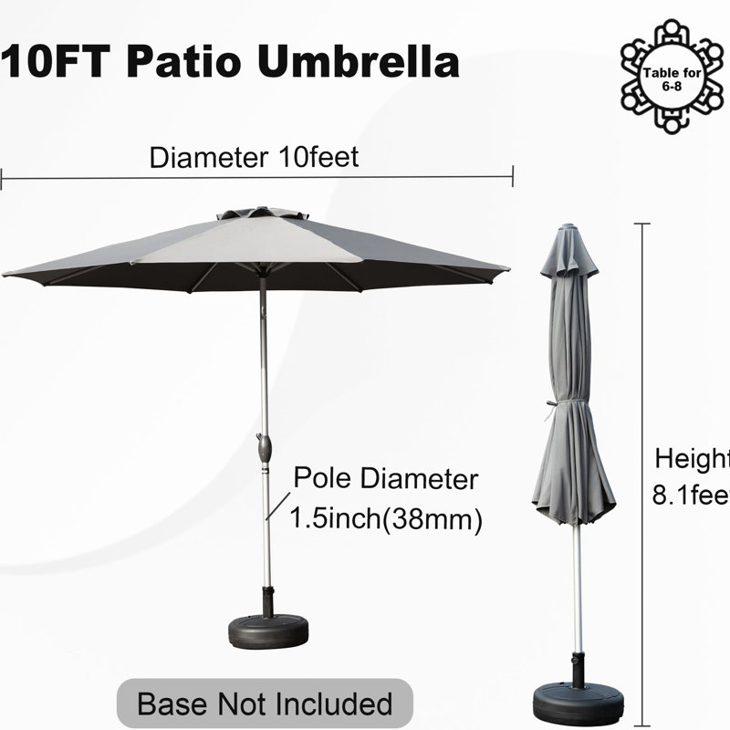 Parasol de terrasse de 10 pi avec fonction d'inclinaison en tissu ferme et stable
