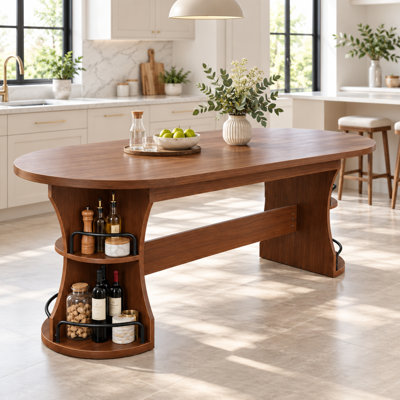 Table de salle à manger ovale de 70,8 pouces pour 4 à 6 personnes, table de salle à manger avec rangement à 2 niveaux, tables de cuisine modernes avec base incurvée, tables de petit-déjeuner robustes pour le salon, rassemblement, noyer