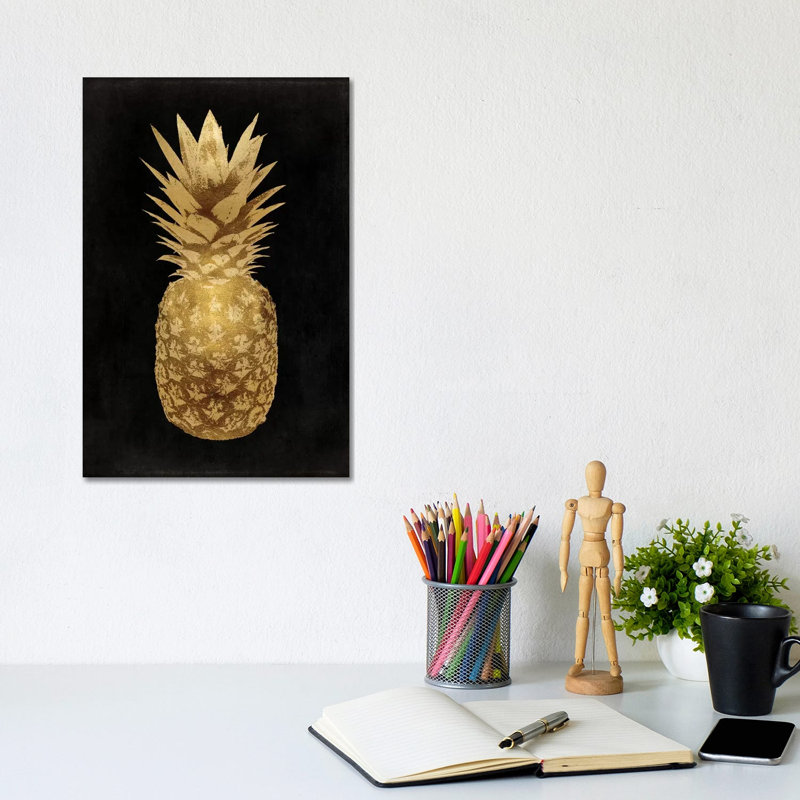 Gold Pineapple On Black II by Kate Bennett - Wrapped Canvas Print, 20.32 cm H x 30.48 cm W