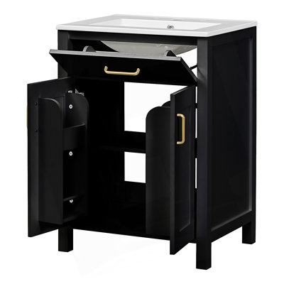 Meuble-lavabo de salle de bain avec lavabo en céramique et 2 portes à fermeture douce, armoire d'appoint