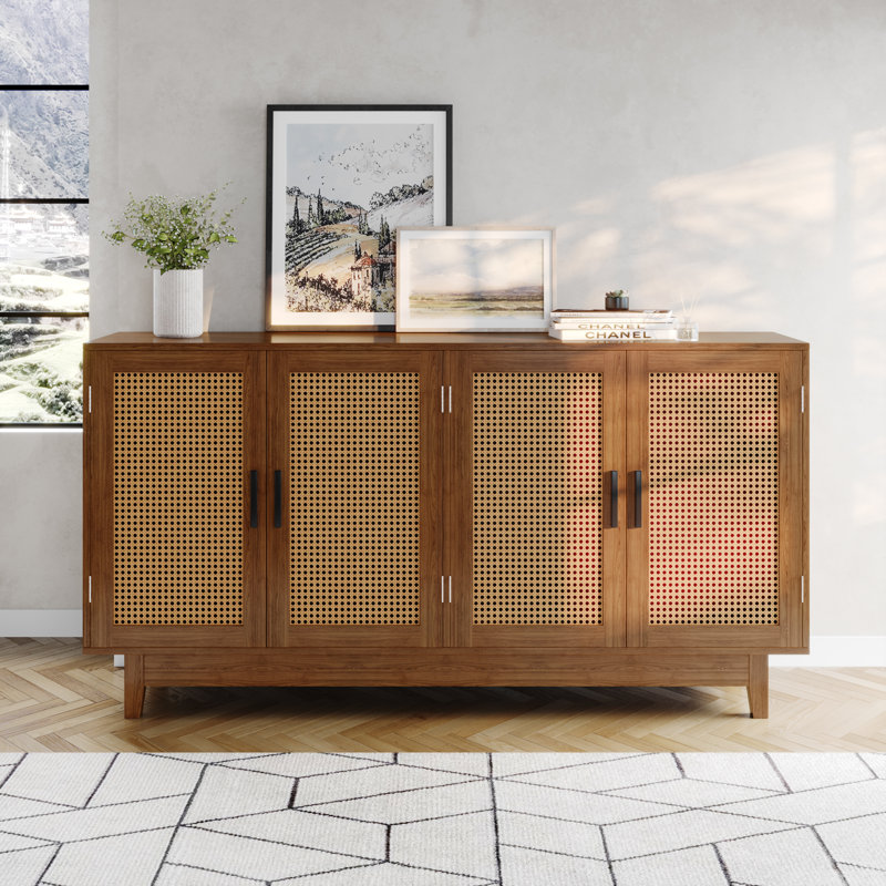 57.7''W Modern 4 Door Wood Rattan Buffet Sideboard Storage Cabinet, Walnut