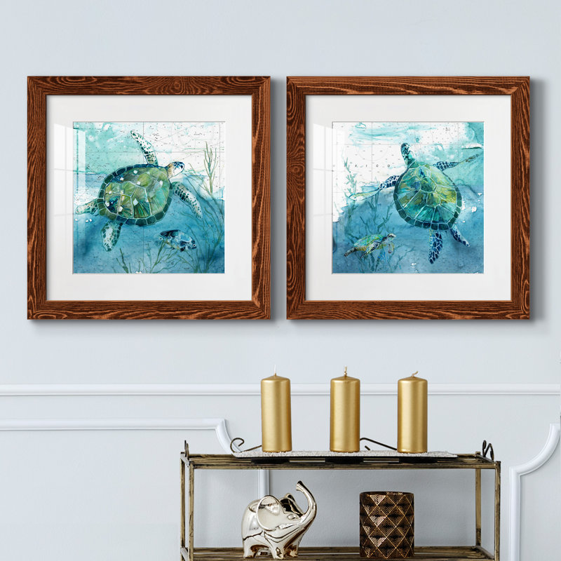 «Island Swim I», ensemble de 2 peintures, H 24 po x l 48 po, Papier dans un cadre photo, Noyer