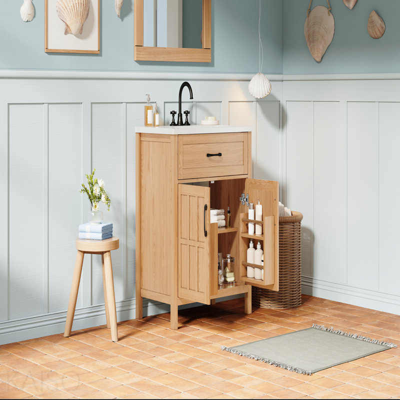 Meuble-lavabo de 30 po avec lavabo en résine, meuble-lavabo à cadre en bois massif avec tablette réglable, organisateurs de porte d'armoire, grain de bois naturel