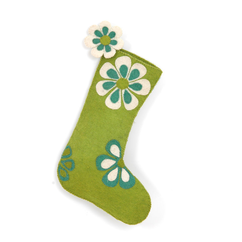 Handmade Lime Green Wool Flower Power Christmas Stocking