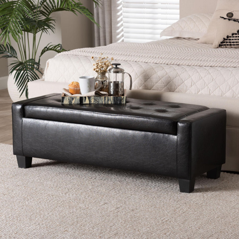 Kaimilani Faux Leather Ottoman, Black Faux Leather