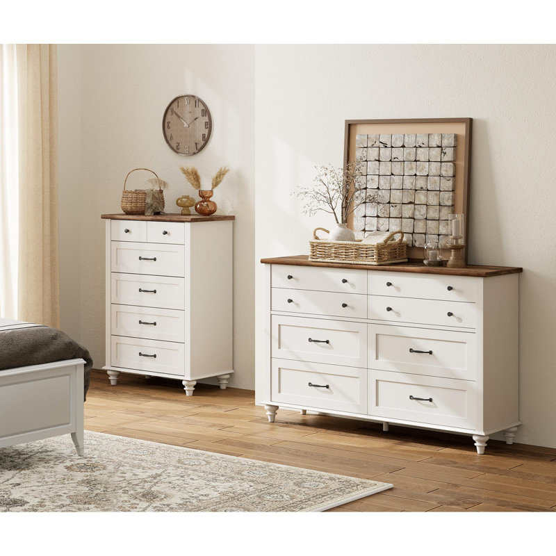 2 Piece Dresser Set - -Include One 5 Drawer Dresser & One 8 Drawer Dresser, Off White