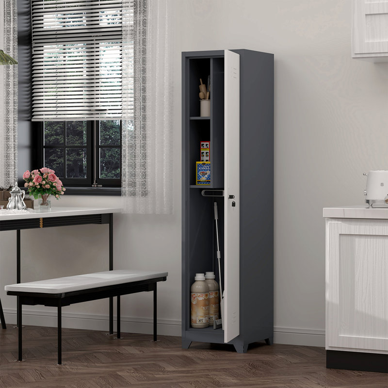 Metal Broom Storage Cabinet, 65" Narrow Broom Cabinet With Hooks, Slim Bathroom Storage Cabinet With Shelves, Heavy-Duty Cleaning Storage Cabinet For Utility Room, Gym, Office, Garage, Utility Shelves