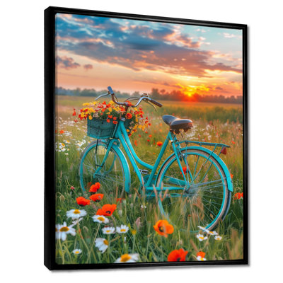 Blue Beach Bike In Spring Flower Field Sunset - Bicycle Wall Art Print