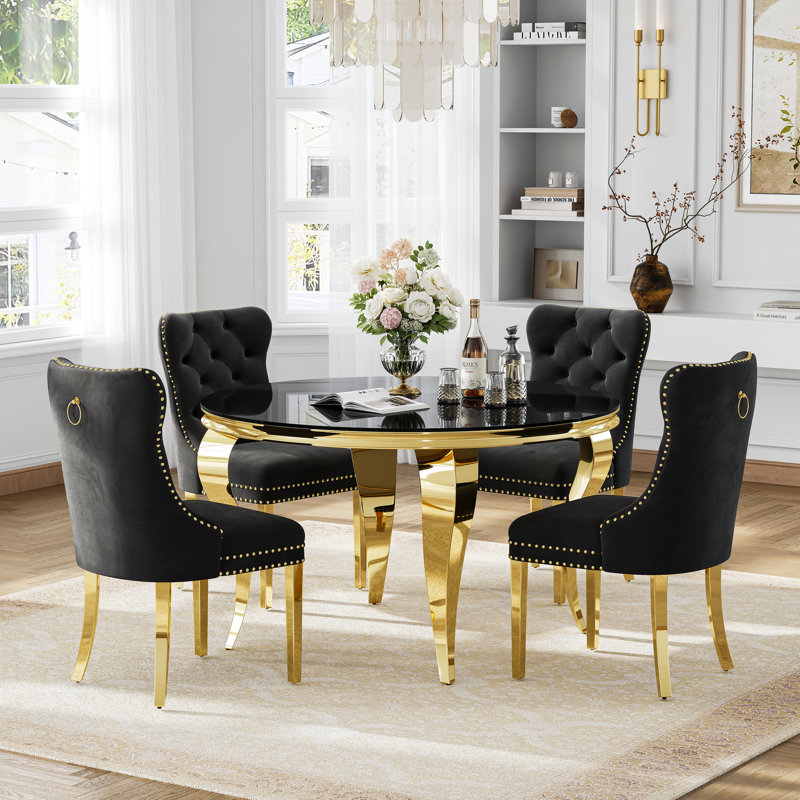 Modern 5-Piece Round Dining Set, 10Mm Black Tempered Glass Dining Table With Mirror Stainless Steel S-Shaped Legs & Velvet Upholstered Dining Chairs With Tufted Backrest And Nailhead Trim
