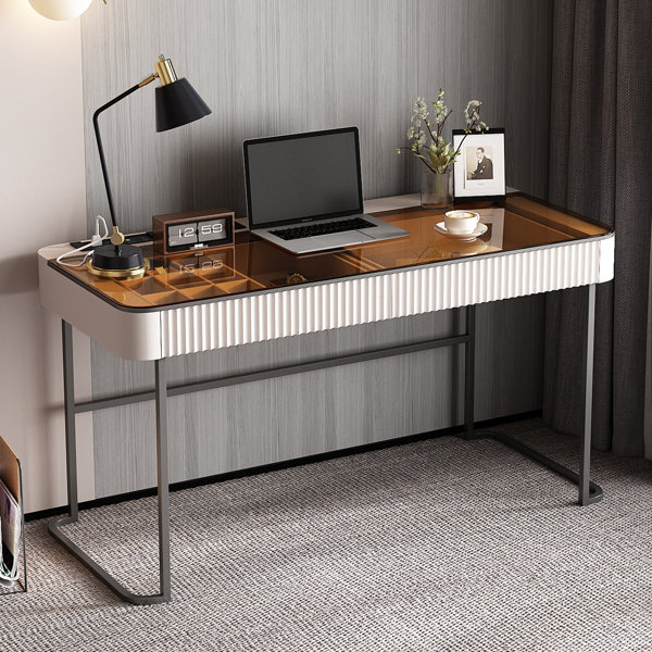 Everly Quinn Agathi Glass Top Metal Base Office Desk | Wayfair