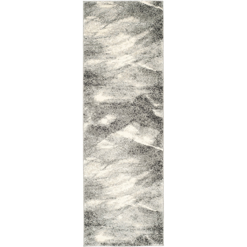 Tapis gris et ivoire abstrait Kruse, Tapis de couloir 2 pi 3 po x 15 pi