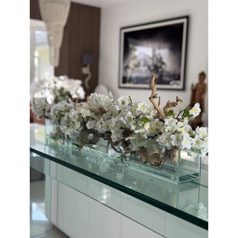 Cherry Blossoms In Glass Planter, 8" H x 50" W x 6" D