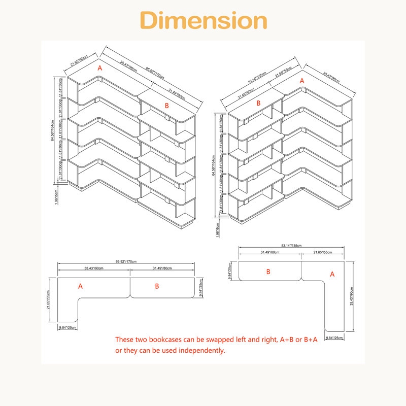 Bibliothèque d'angle peu encombrante de 90 cm + bibliothèque libre extensible de 80 cm, Marron foncé