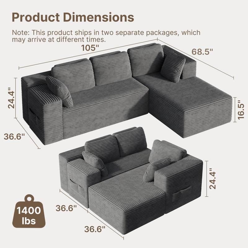 Canapé modulaire avec méridienne Cloud, Gris