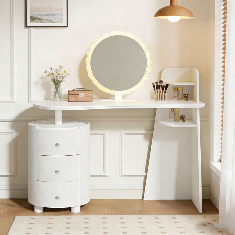 Dressing Table with 3-Color LED Round Mirror