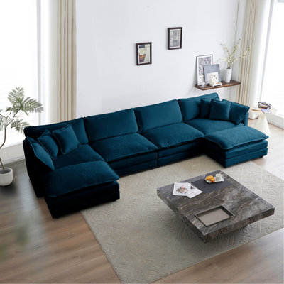 Canapé modulaire en chenille bleu avec méridienne réversible et double repose-pieds confortable et insonorisant