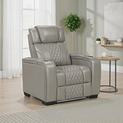Fauteuil inclinable électrique moderne et contemporain en cuir fleur de 37 po Keller avec massage à air chaud, appui-tête réglable et éclairage à DEL et accoudoirs de rangement