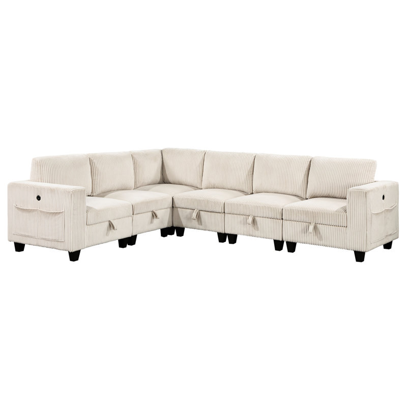 Ensemble de salon modulaire 6 pièces avec ports de charge, velours côtelé beige et rangement modulaire, pour utilisation